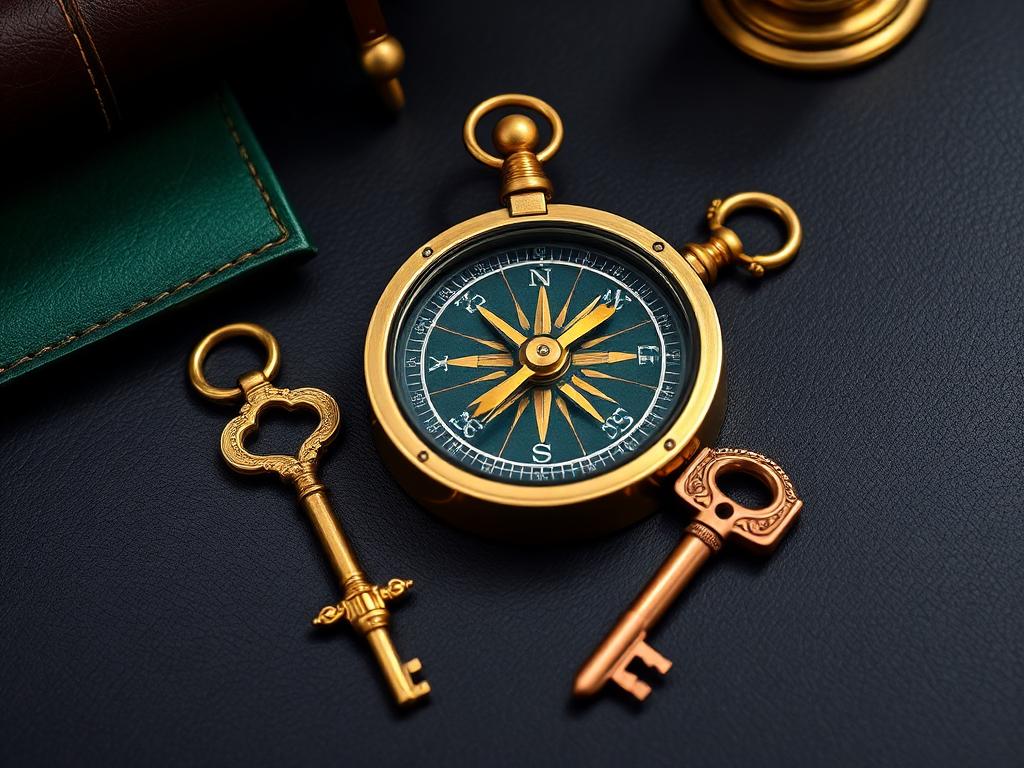 Brass compass and golden keys
